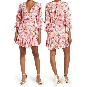 Betsey Johnson Dress 12 Sunset Floral Pink Yarrow Faux Wrap 3/4 Slv V-Neck NWT